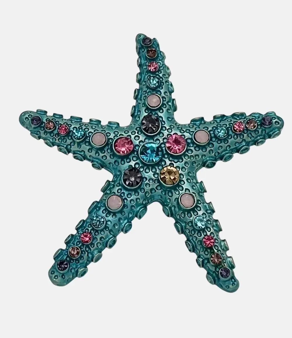 Starfish Bejeweled Blue Rhinestone Pin Brooch